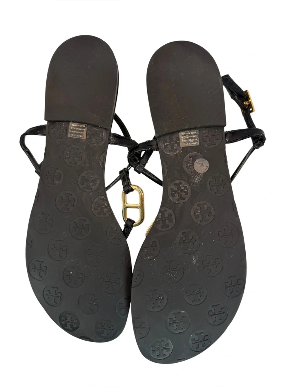 Tory Burch Black Patent Leather Gold Logo Strappy Thong Sandals Size 9.5